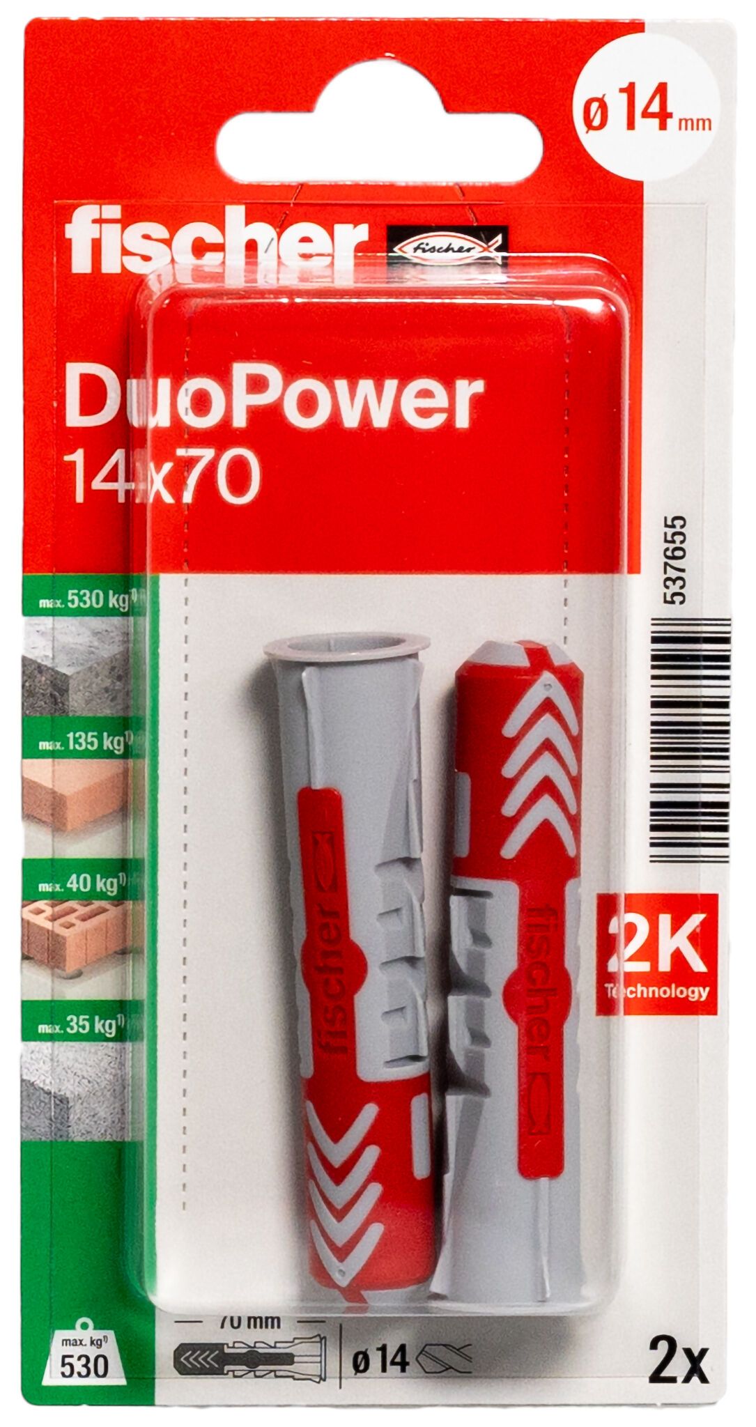 Fischer DuoPower kétkomponensű nylon dübel 14 x 70 K - csavar nélkül, bliszteres, 2 db/csomag termék fő termékképe